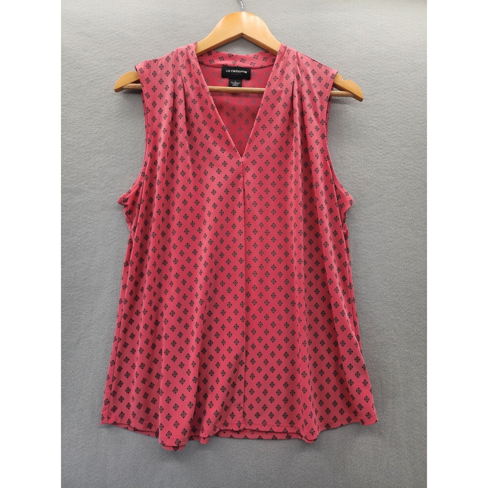 Liz Claiborne Career Pink Geometric Diamond Print V-Neck Sleeveless Blouse L NEW
